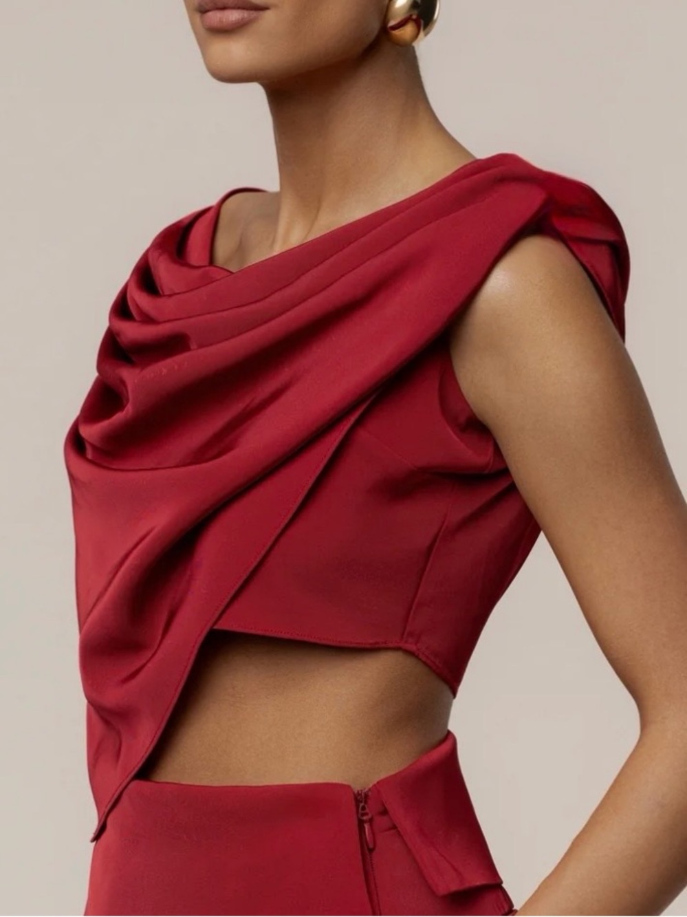JLUXLABEL One-Shoulder Draped Crop Top in Deep Red - Picture 2 of 6